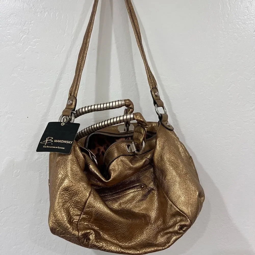 NWT B Makowski Gold Leather Hobo Bag